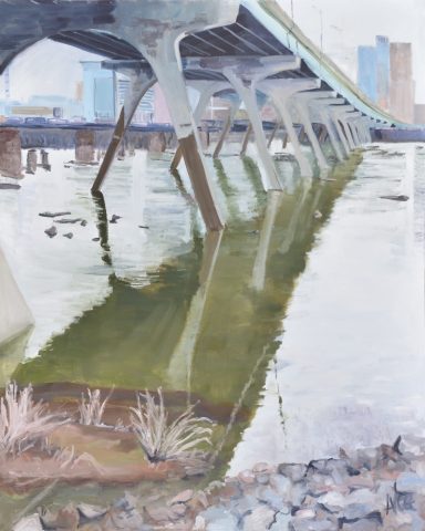 "City Skyline Under 9th Street Bridge" bridge over reflective water with city skyline in background and rocks in the front