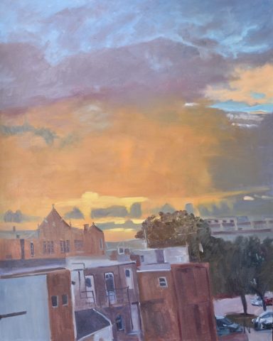 "Shockoe Bottom" sunset pr sunrise with orange sky over shokoe bottom, Richmond VA